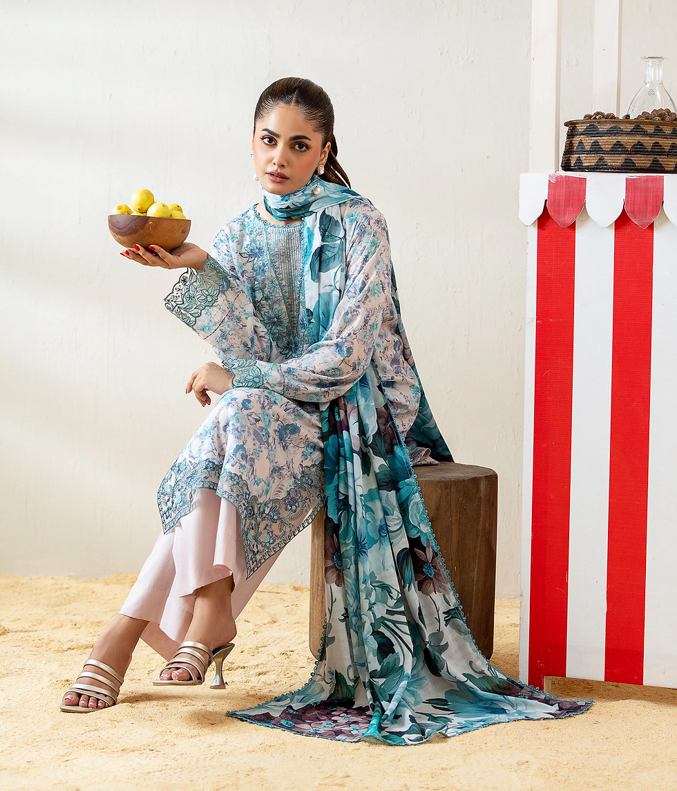 Thumbnail: BINAAS NOER 3-Piece WHITE Unstitched Digital Printed Lawn Suit BN-NOR3P2501-04