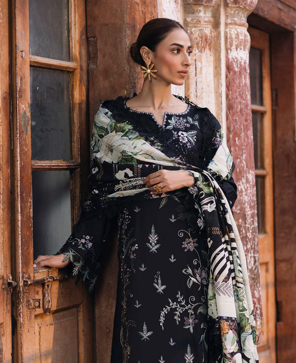 Thumbnail: ZEDZEE CLOTHING LAWN STUDIO  NUREH MAYA LENIN UNSTICHED LAWN DRESS MATERIAL BLACK COLOUR