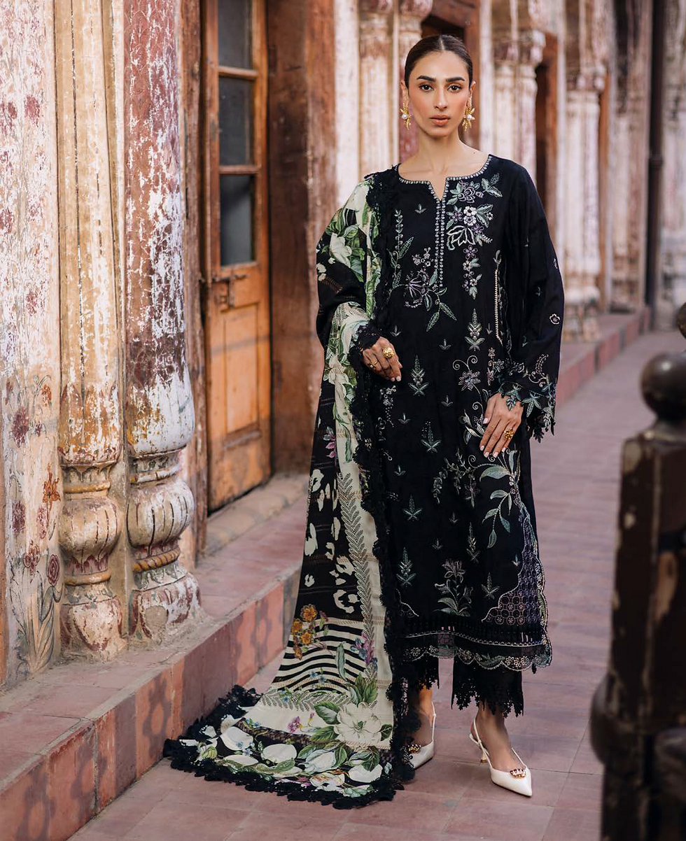 ZEDZEE CLOTHING LAWN STUDIO  NUREH MAYA LENIN UNSTICHED LAWN DRESS MATERIAL BLACK COLOUR