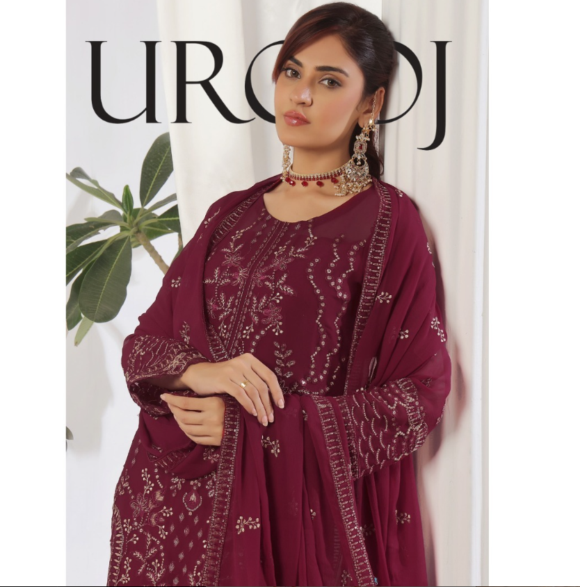 ZEDZEE LAWN STUDIO  SAFAL TRENDZ UROOJ EMBROIDERED LUXURY CHIFFON COLLECTION MAROON