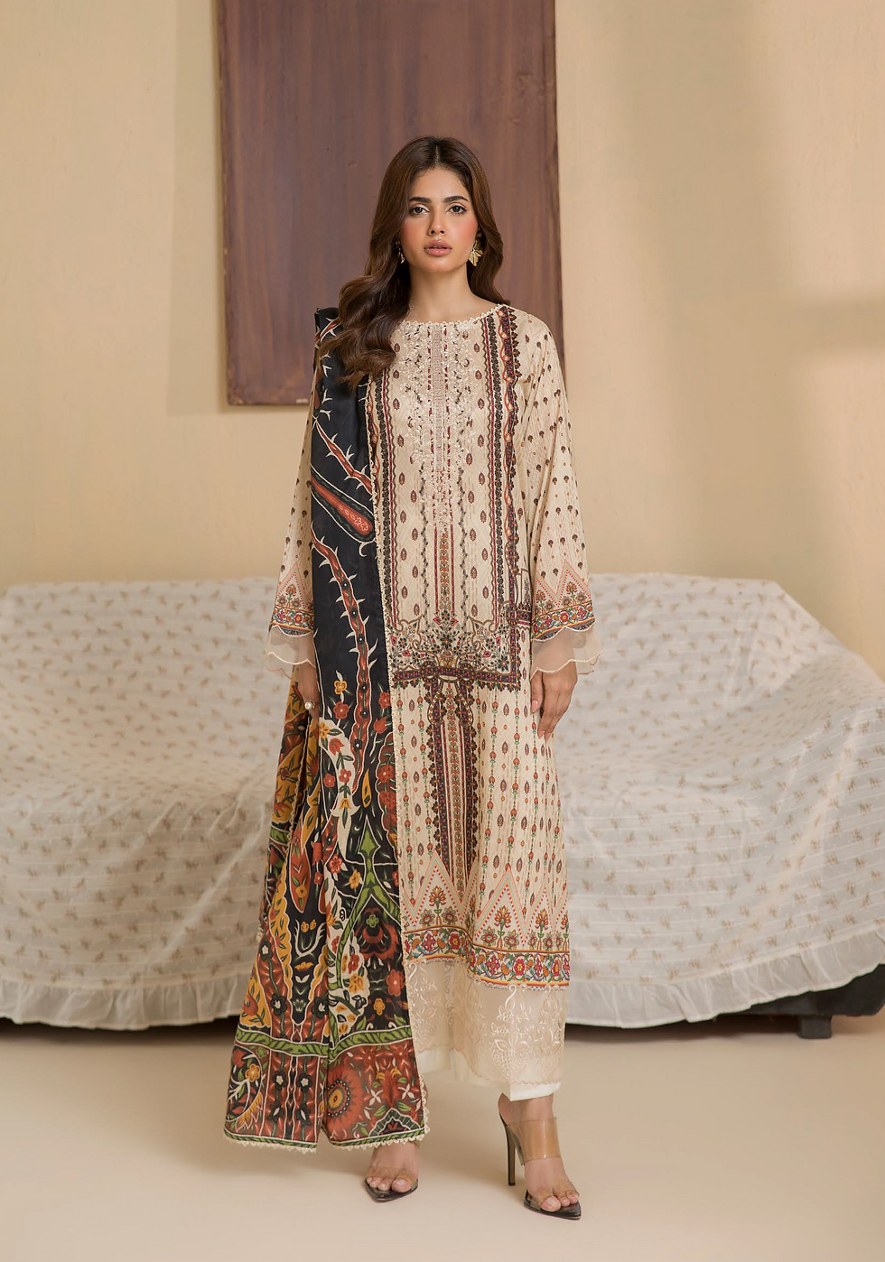 ZEDZEE LAWN STUDIO   RANG PASAND BY GULLJEE 3 PC UN-STITCHED LAWN DRESS MATERIAL CREAM BEIGE