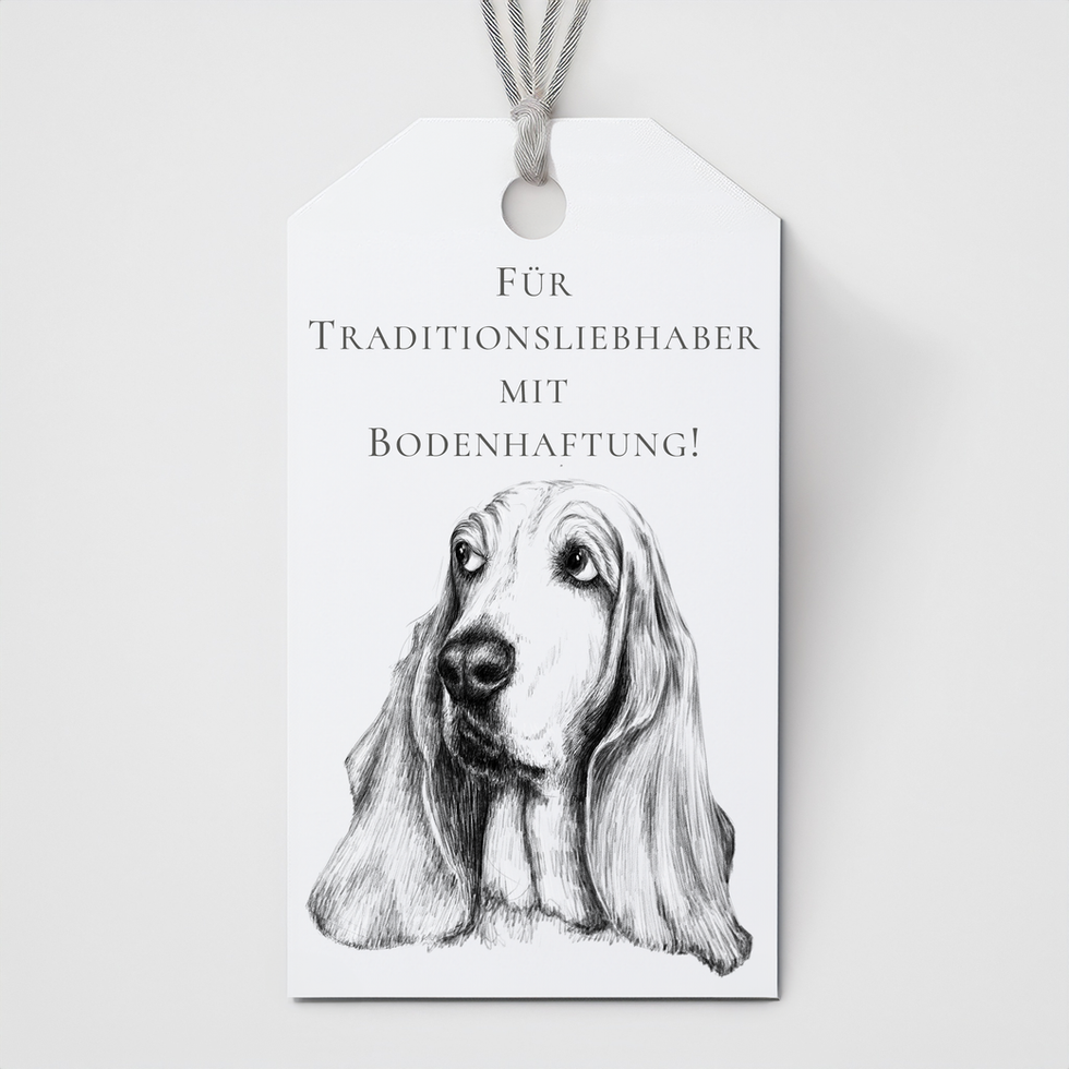 Illustration eines Basset Hound mit Text Für Traditionsliebhaber mit Bodenhaftung! Küstenschnute