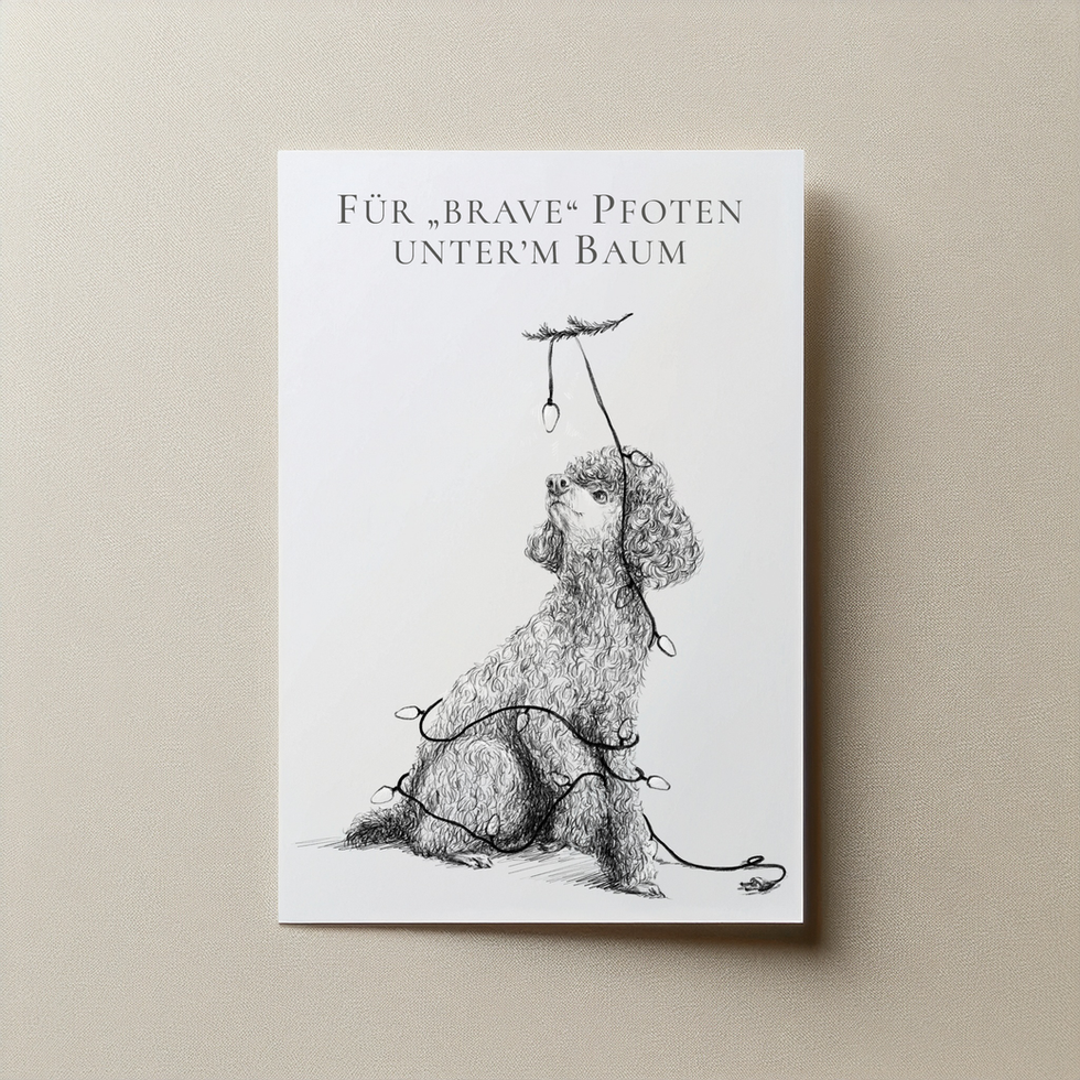 Illustration von Hund mit Lichterketten. Postkarte: „Für brave Pfoten unter'm Baum“