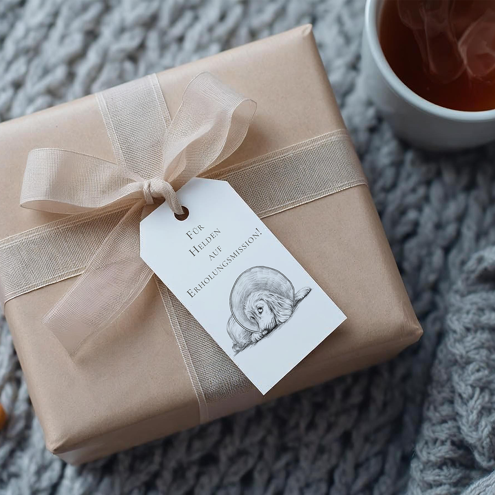 Geschenk mit Schleife und Anhänger. Text: Für Helden auf Erholungsmission!