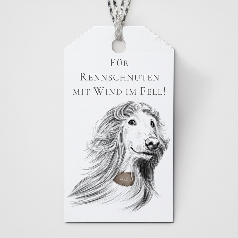 Hund auf Geschenkanhänger, Text: Für Rennschnuten mit Wind im Fell!