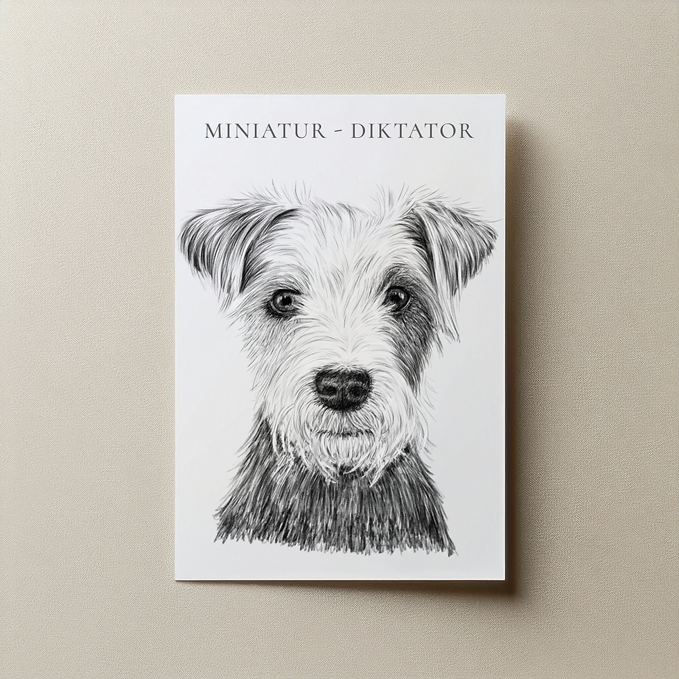 Dog portrait mit Text: Miniatur - Diktator, auf Postkarte.