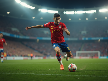 Ilustrasi pemain sepak bola profesional di lapangan stadion sebagai representasi hiburan olahraga digital dan platform sportbook online modern.
