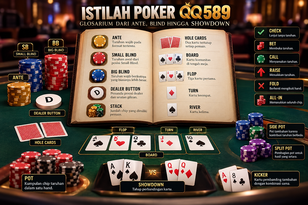 Ilustrasi buku glosarium Poker QQ589 di atas meja hijau, dilengkapi kartu, chip, dan penjelasan istilah dari Ante hingga Showdown.