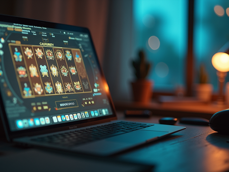 Tampilan platform gaming online modern di layar laptop dengan navigasi digital yang interaktif