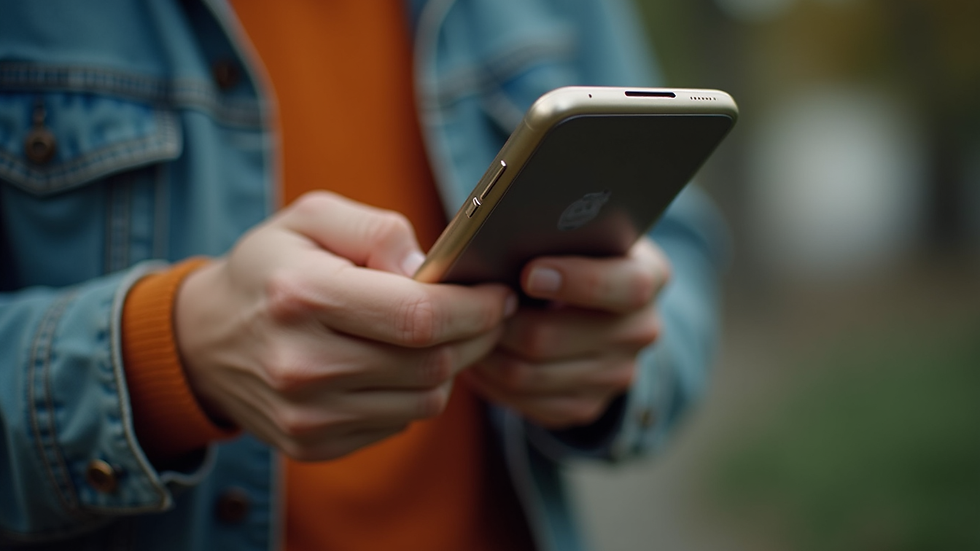 Tampilan close-up tangan memegang smartphone dengan aplikasi transaksi cepat