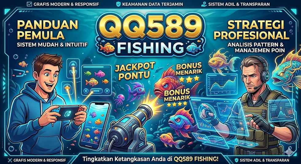 Banner promo QQ589 Fishing yang memuat informasi sistem permainan untuk panduan pemula dan strategi tingkat lanjut bagi pemain profesional.