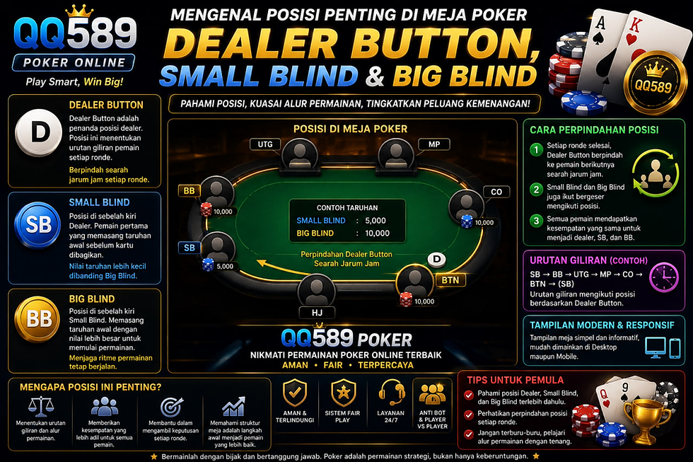 Panduan Poker QQ589 yang membahas fungsi Dealer Button, Small Blind, Big Blind, urutan giliran pemain, dan struktur meja poker digital secara lebih mudah dipahami.