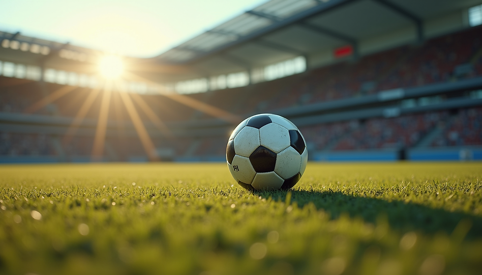 Visual bola sepak di tengah lapangan stadion dengan pencahayaan modern dan suasana pertandingan digital.