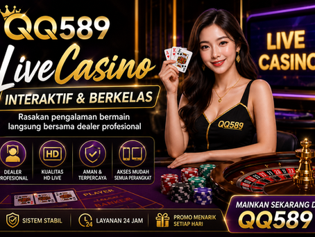 LiveCasino QQ589 dengan dealer profesional, meja kasino, fitur HD live streaming, akses multi-perangkat, sistem stabil, dan desain promo premium bernuansa emas.