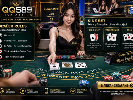 Dealer Rules Blackjack QQ589 membahas Soft 17, Hard 17, Insurance, Perfect Pairs, dan 21+3 di meja live.