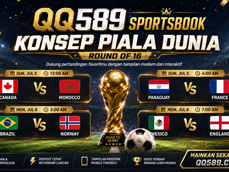 QQ589 SportsBook konsep Piala Dunia 2026 dengan jadwal sepak bola Round of 16, stadion modern, piala emas, dan panel pertandingan interaktif