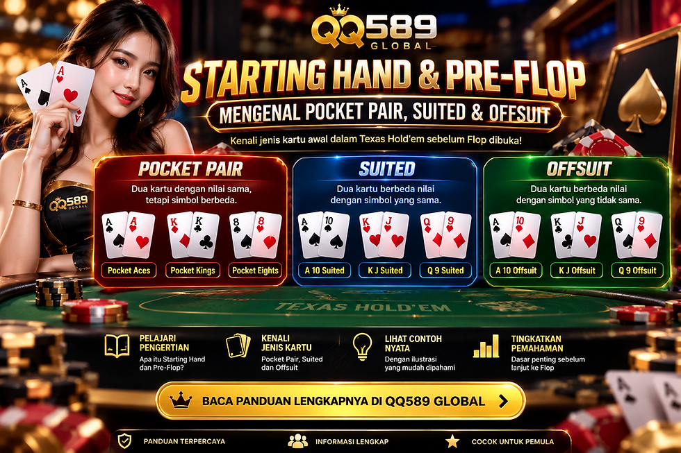 Infografis QQ589 Global yang menampilkan contoh Pocket Pair A♠ A♥, Suited A♠ 10♠, dan Offsuit A♠ 10♦ pada meja Texas Hold'em.