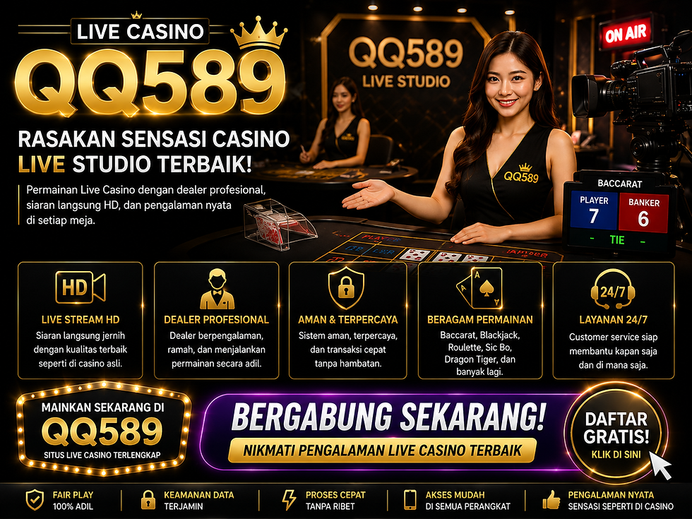 Infografik Dealer dan Live Studio QQ589 dengan dealer profesional, kamera siaran, meja baccarat, fitur live stream HD, serta informasi sistem permainan.