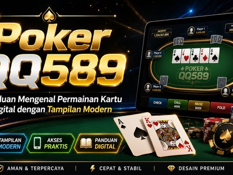 Gambar artikel Poker QQ589 yang menampilkan meja kartu digital modern, kartu poker, chip, tampilan permainan di tablet, serta elemen visual interaktif untuk panduan pengguna.