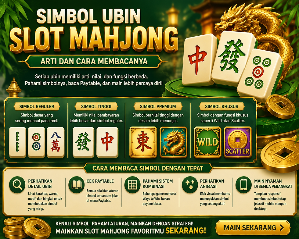 Susunan ubin Mahjong bernuansa hijau-emas dengan karakter Asia, pola bulat, bambu, ornamen naga, dan contoh kategori simbol pada tampilan modern.