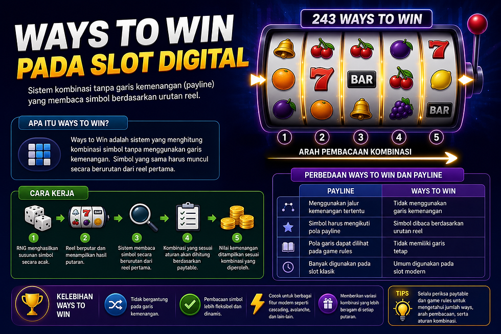 Panduan Ways to Win Slot QQ589 yang menjelaskan sistem kombinasi simbol tanpa payline pada slot digital.