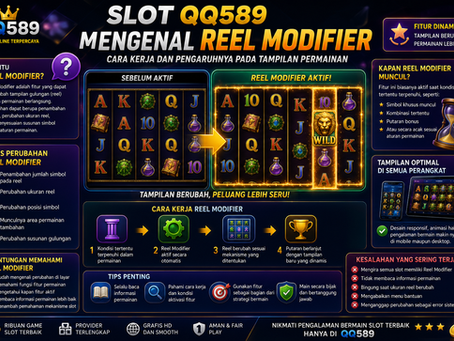 Panduan Slot QQ589 yang membahas Reel Modifier, perubahan susunan reel, mekanisme aktivasi fitur, serta cara memahami tampilan permainan slot digital modern.