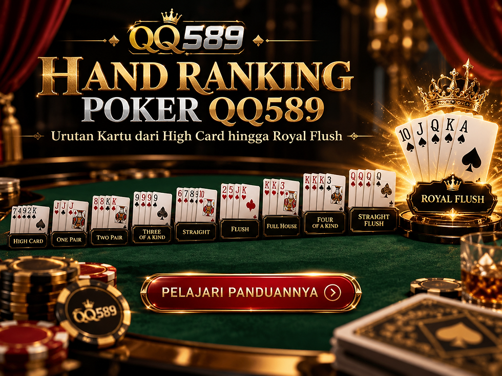 Ilustrasi Hand Ranking Poker QQ589 dengan sepuluh kombinasi kartu, dari High Card sampai Royal Flush, berlatar meja Poker.