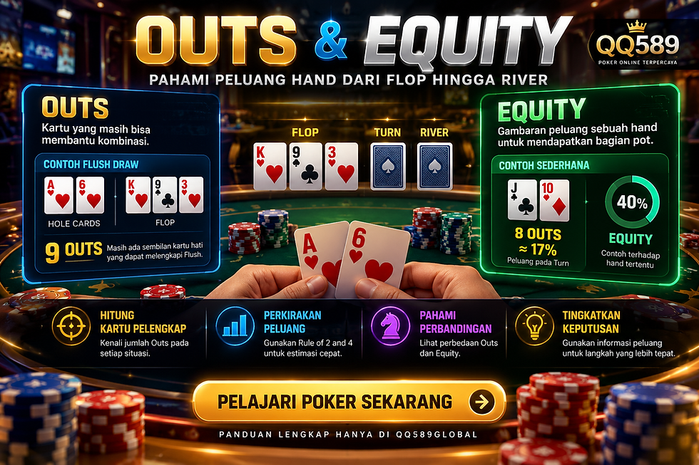 Panduan Outs & Equity Poker QQ589 untuk memahami jumlah kartu pelengkap, peluang Draw, dan perhitungan sederhana dari Flop hingga River.