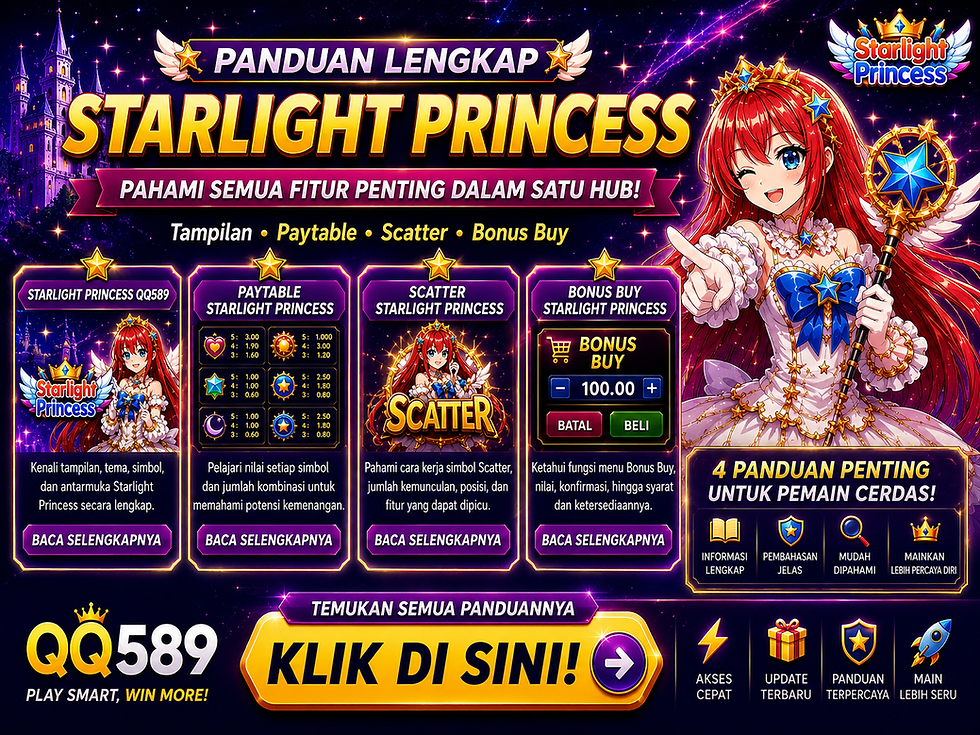 Infografis ungu-emas dengan karakter anime Starlight Princess, empat panel panduan, tabel simbol, ikon Scatter, menu Bonus Buy, dan CTA besar QQ589.