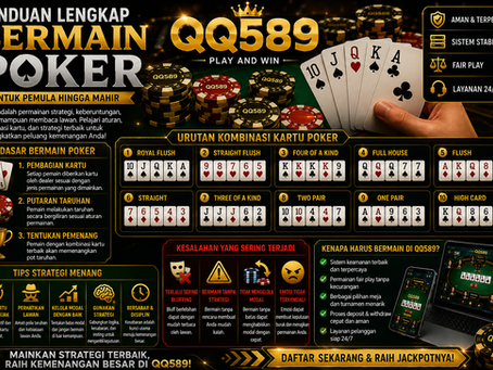 Infografis QQ589 Poker Online menampilkan panduan bermain poker lengkap, kombinasi kartu poker terbaik, tips strategi menang, dan informasi situs poker terpercaya dengan tampilan modern elegan serta nuansa permainan profesional.