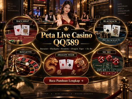 Peta Live Casino QQ589 yang menghubungkan panduan Baccarat, Blackjack, Roulette, Dragon Tiger, Sic Bo, dan dasar meja live.