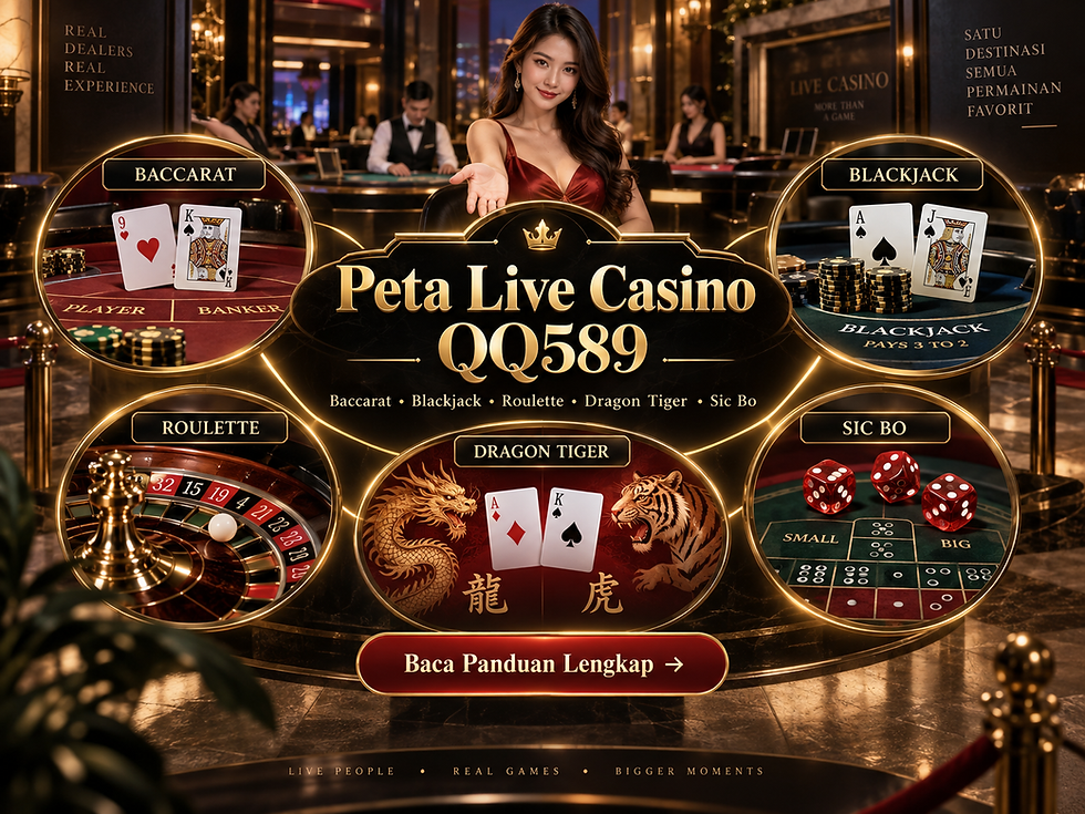 Peta Live Casino QQ589 yang menghubungkan panduan Baccarat, Blackjack, Roulette, Dragon Tiger, Sic Bo, dan dasar meja live.