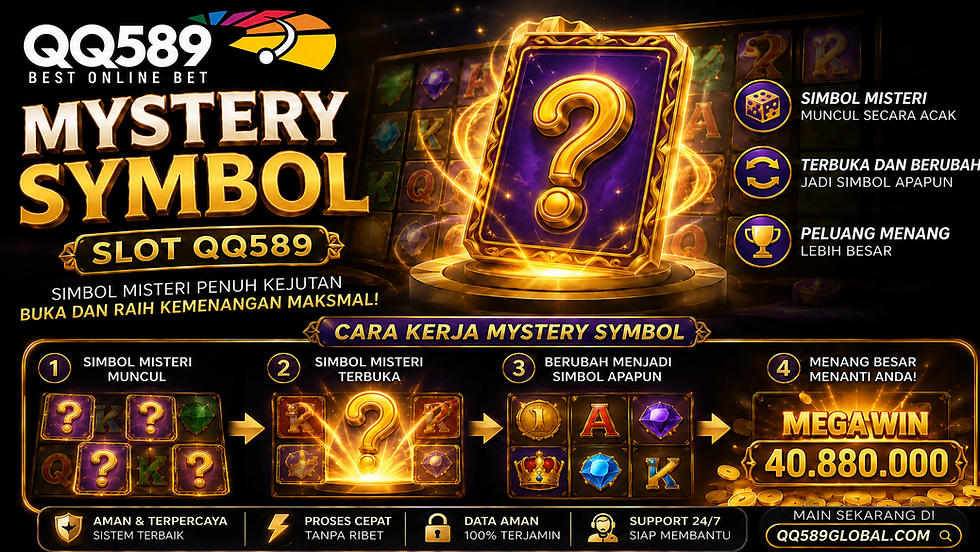 Ilustrasi Mystery Symbol Slot QQ589 berupa kartu ungu bertanda tanya yang terbuka menjadi simbol lain, dilengkapi tahapan cara kerja pada reel digital.