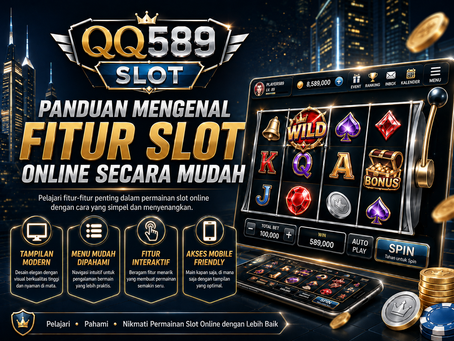Gambar promo QQ589 Slot bertema fitur slot online dengan desain modern, logo QQ589 Slot, tampilan permainan digital, akses mobile, dan menu yang mudah dipahami.