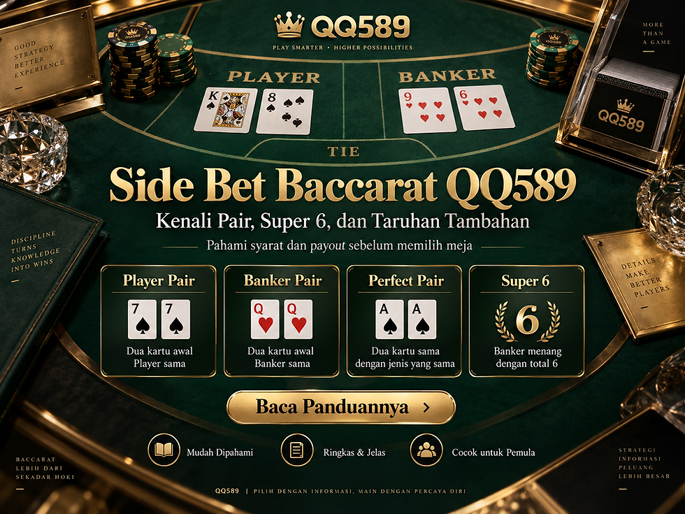 Meja Baccarat QQ589 bertema hijau dengan panel Player Pair, Banker Pair, Perfect Pair, dan Super 6 sebagai panduan visual.