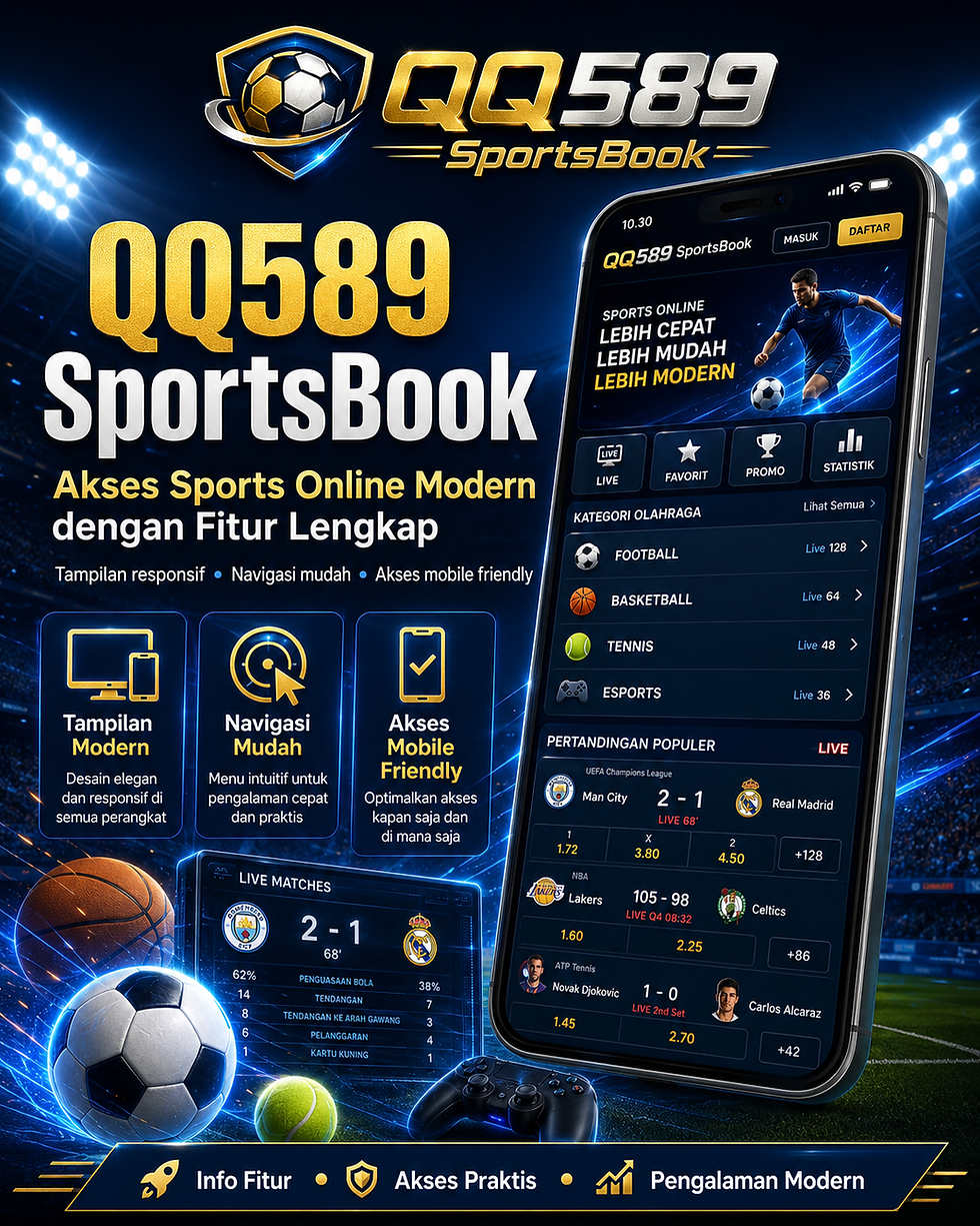 Ilustrasi promosi platform sports digital dengan tampilan aplikasi mobile, ikon olahraga, dan desain visual modern bernuansa biru emas.