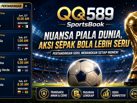 Gambar artikel QQ589 SportsBook bertema Piala Dunia dengan visual stadion sepak bola, trofi emas, bola, jadwal pertandingan internasional, dan daftar laga pilihan dalam tampilan digital modern.
