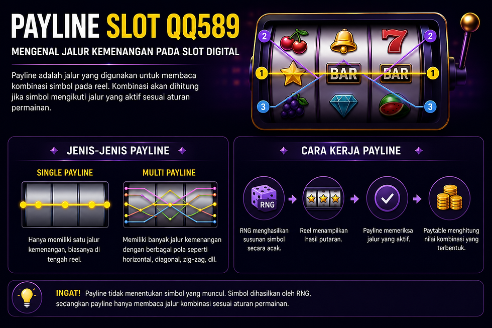 Panduan Payline Slot QQ589 yang membahas fungsi jalur kemenangan, jenis payline, serta cara sistem membaca kombinasi simbol pada permainan slot digital.
