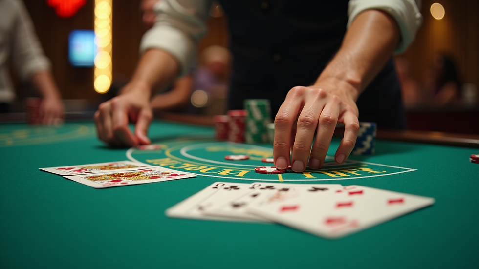 Close-up view of a live casino dealer dealing cards on a table