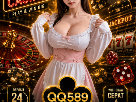 Poster promosi QQ589 dengan tema live casino modern, slot games, dan fishing game bernuansa gold premium.