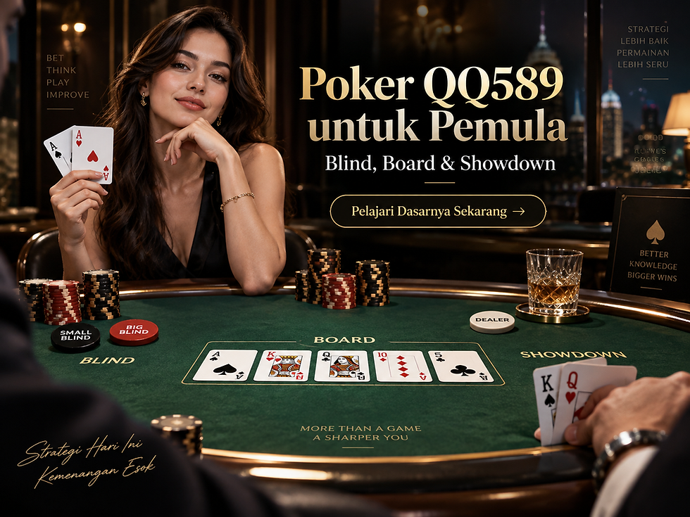 Meja Poker QQ589 dengan Small Blind, Big Blind, community cards, board, chip, dan situasi showdown Texas Hold’em.