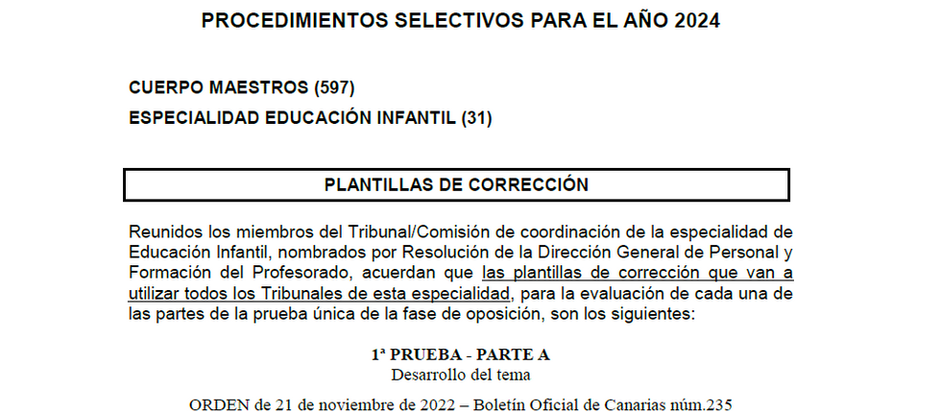 Criterios oficiales de corrección Oposiciones Educación Infantil Canarias 2024