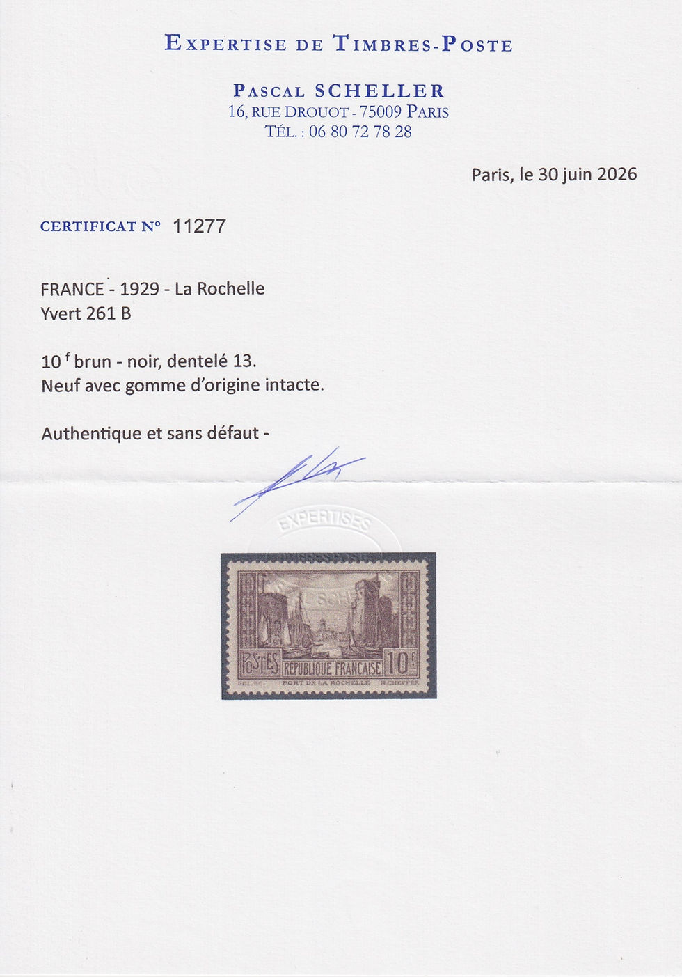 Miniature : Lot 1854 - n°261B Port de La Rochelle 10fr BRUN-NOIR (I) neuf** - Certificat