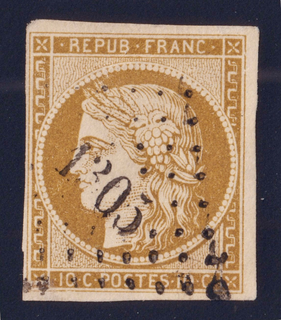 Lot 1209 - n°1 Cérès 10c bistre-jaune obl. pc 1305 TB - Signé Scheller