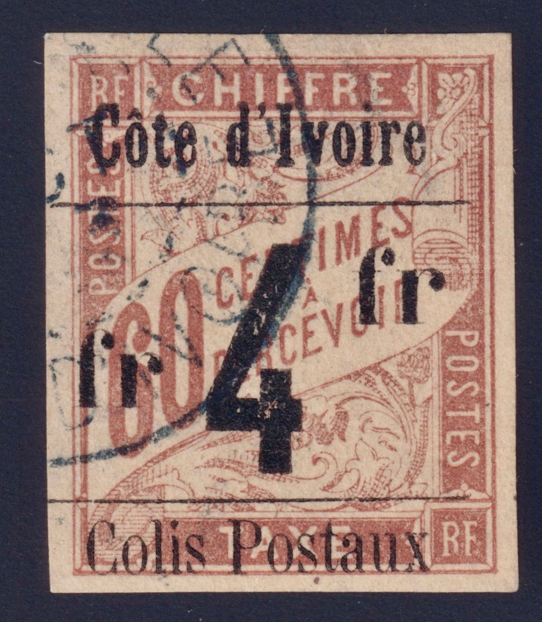 Lot 1590 - (Colonies) Côte d'Ivoire n°11 (XV) 4fr s/60c obl. TB - Signé Scheller