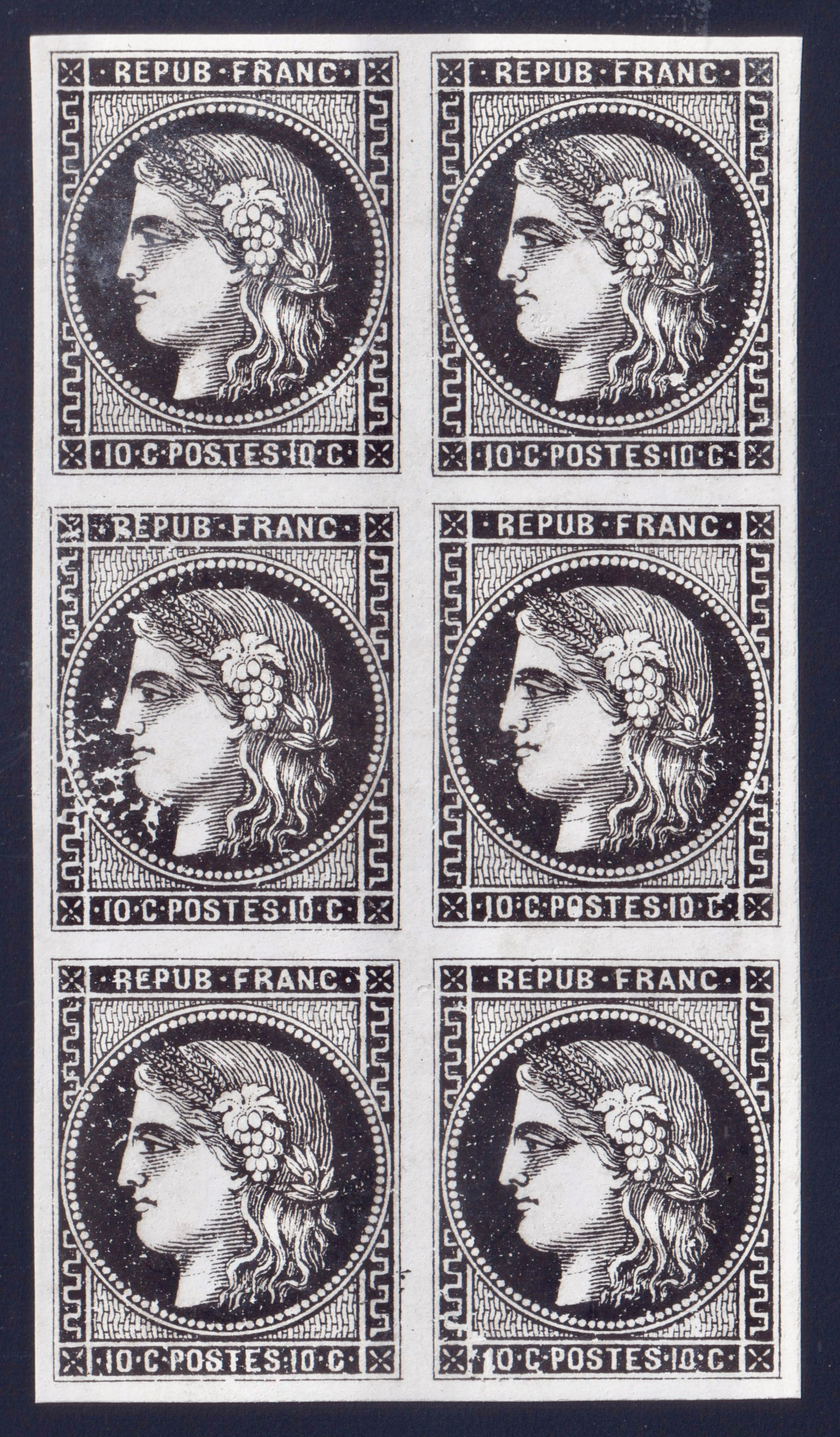 Lot 1893 - n°43 Cérès Bordeaux 10c ESSAI EN BLOC DE SIX TB (*) - Signé Scheller