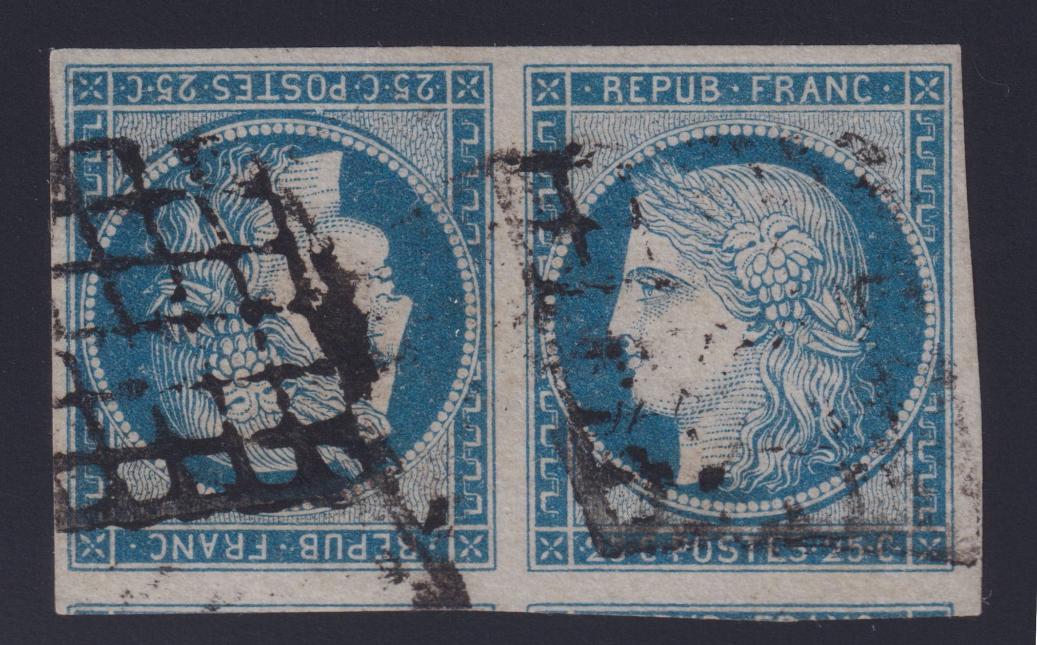 Lot 1070 - n°4c Cérès 25c bleu tête-bêche GRANDES MARGES / VOISINS - Certif
