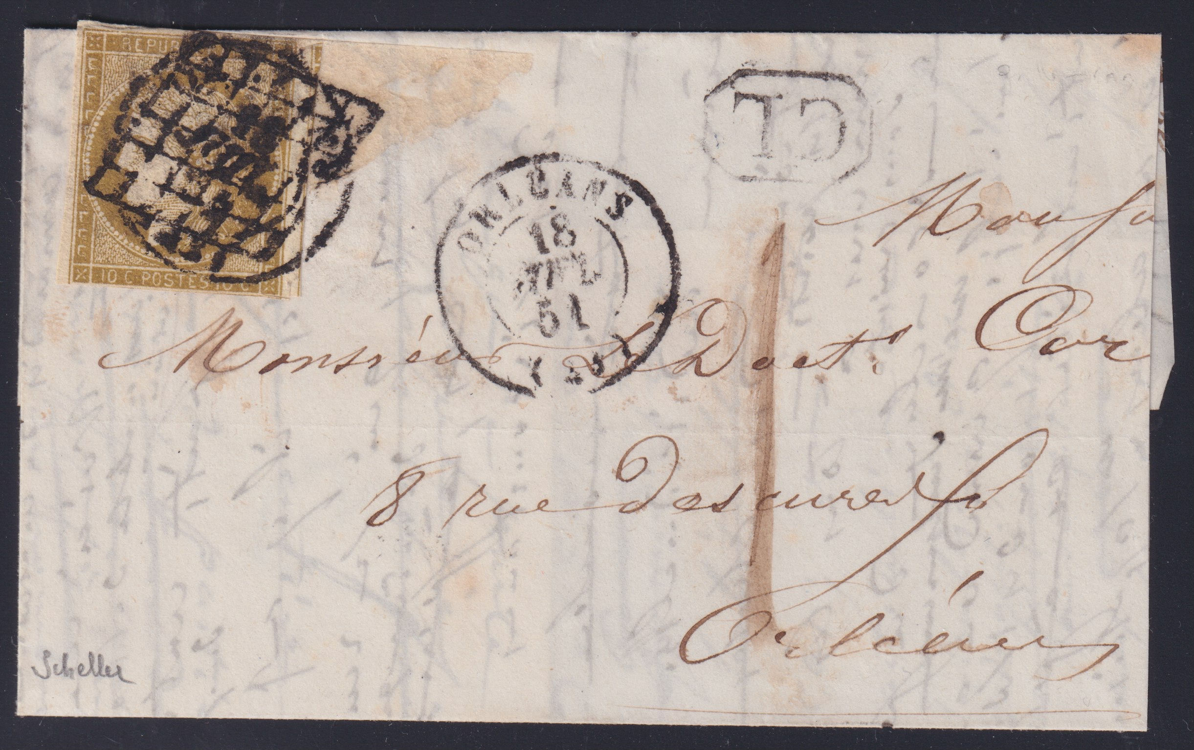 Lot 881 - n°1b Cérès 10c bistre verdâtre s/ lettre obl. Càd t.15 + CL + Taxe