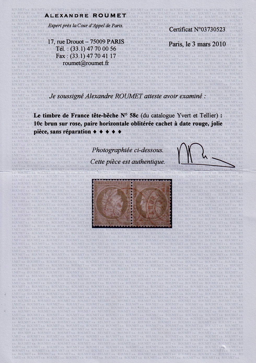 Thumbnail: Lot 1920 - n°58c Cérès 10c TÊTE-BÊCHE càd ROUGE pièce EXCEPTIONNELLE - Certif.