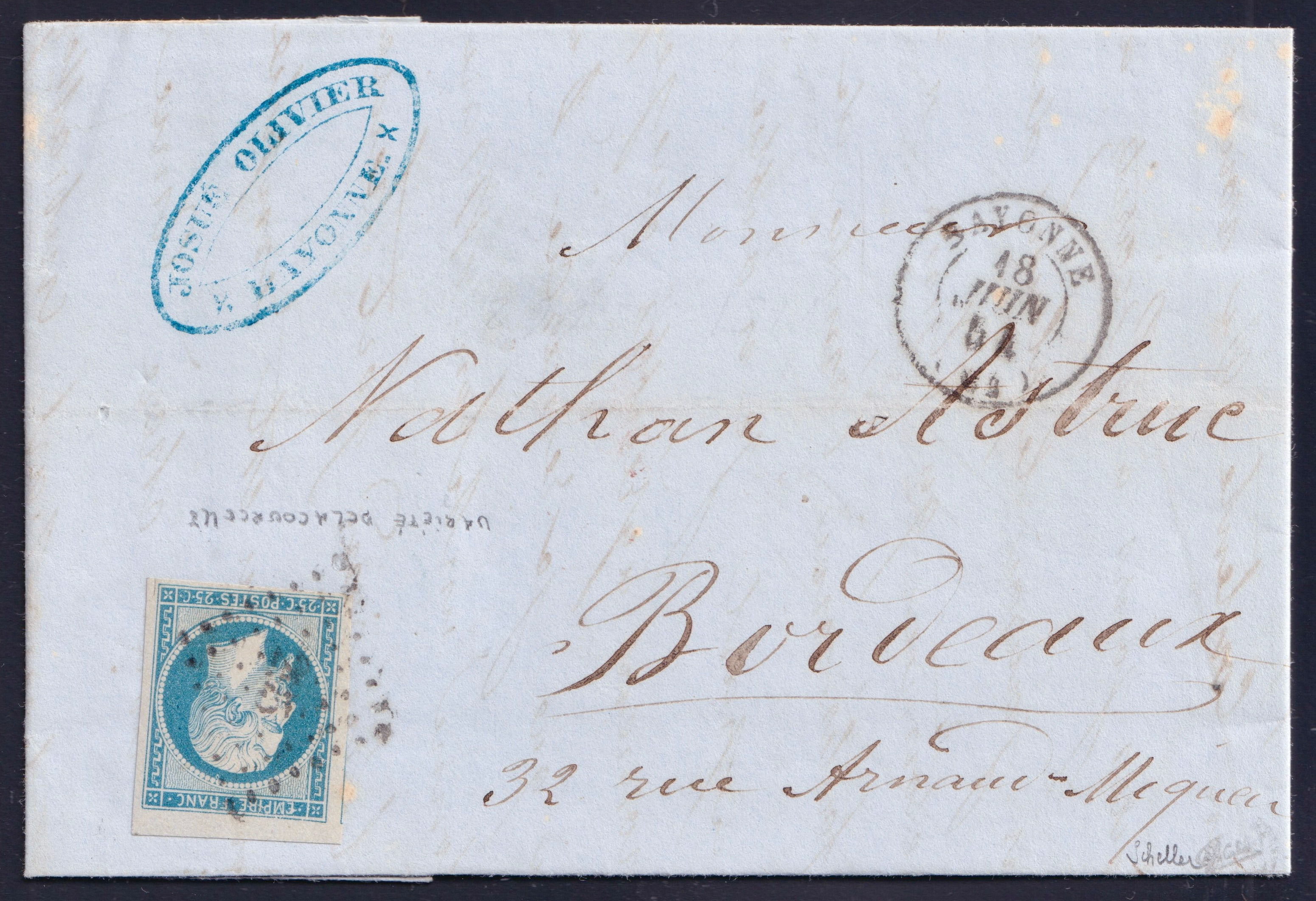 Lot 1302 - n°15 Napoléon 25c bleu variété DE LA COURCELLES R.R. CDF - Signée